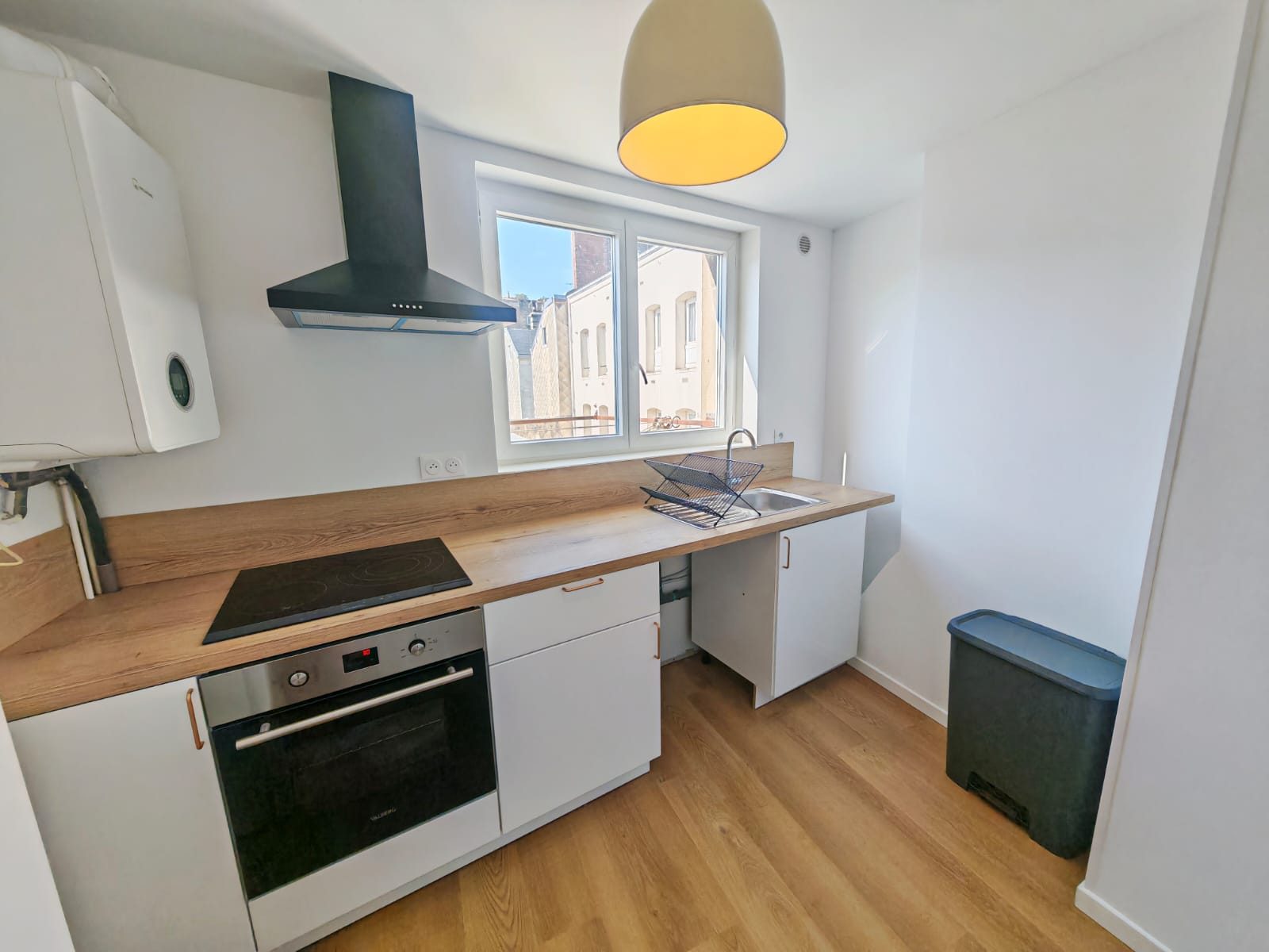Cuisine équipée neuve, plan de travail bois, plaque induction et four